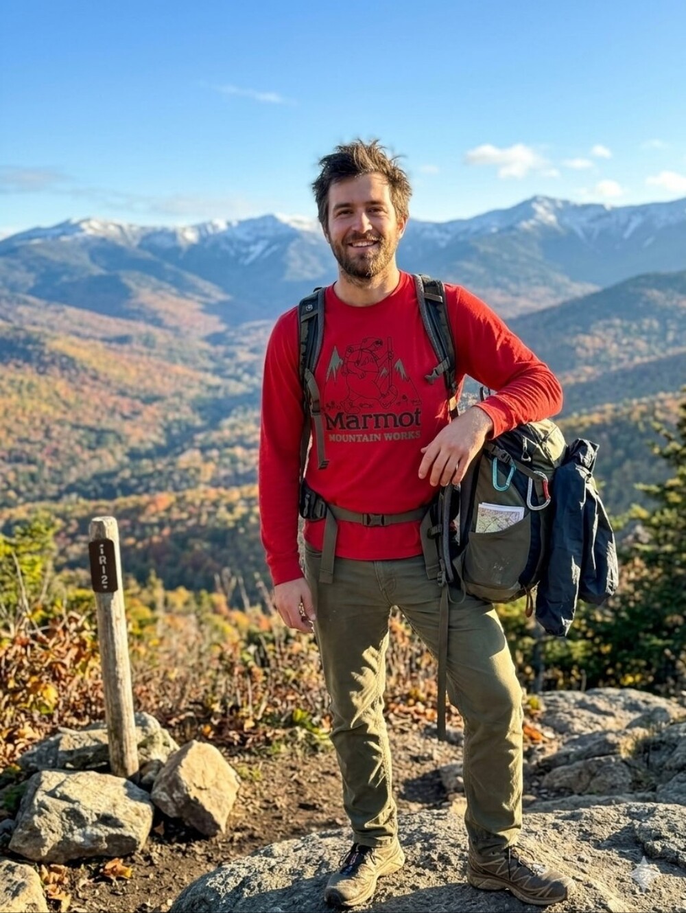 Marmot Red Long Sleeve Tee with Mountain Bear Graphic